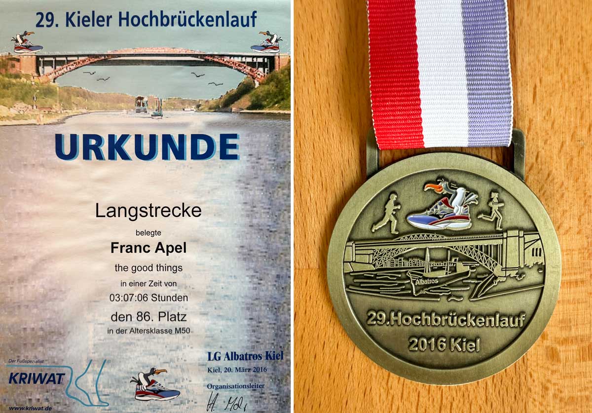 Kieler Hochbrückenlauf Certificate an medal