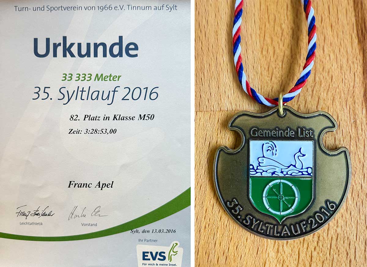 Sylt Run 2016 Certificate and medal