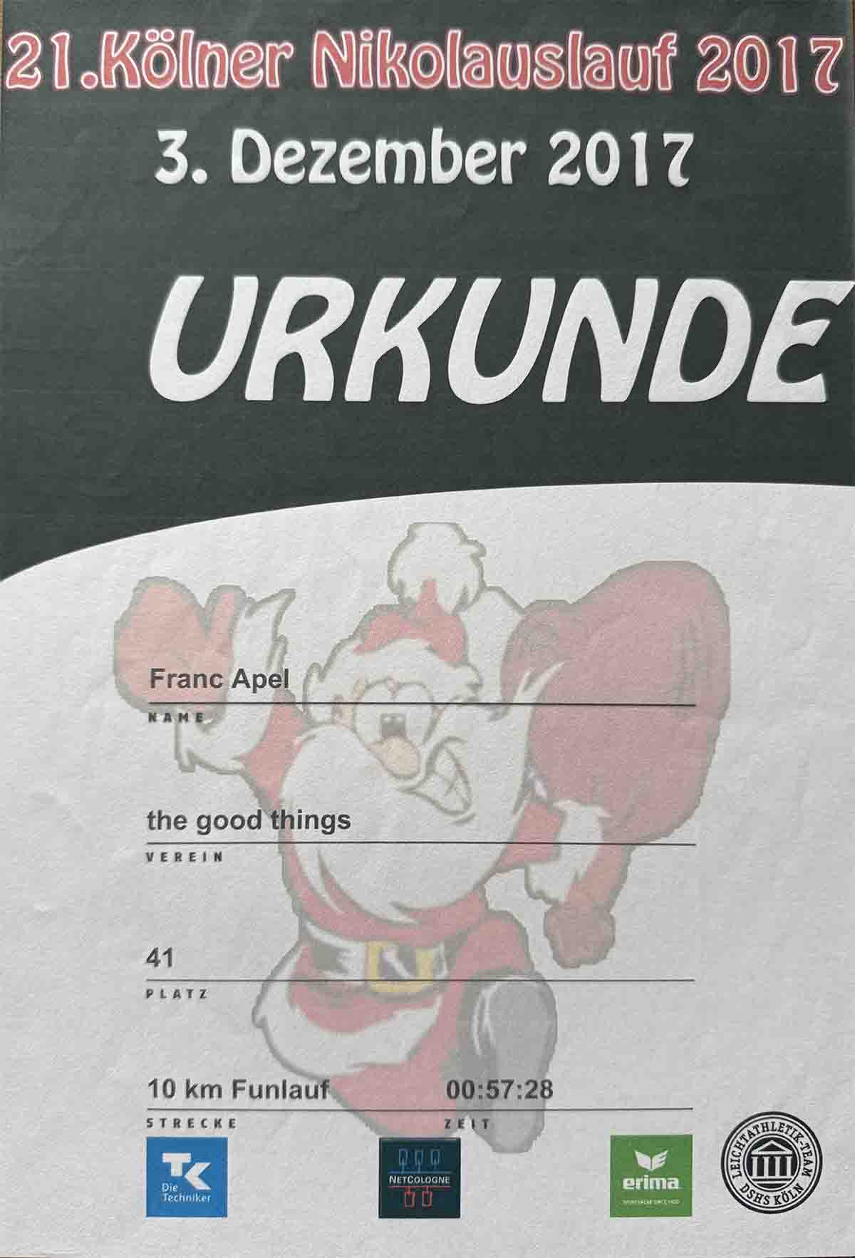 Cologne Nikolauslauf Certificate