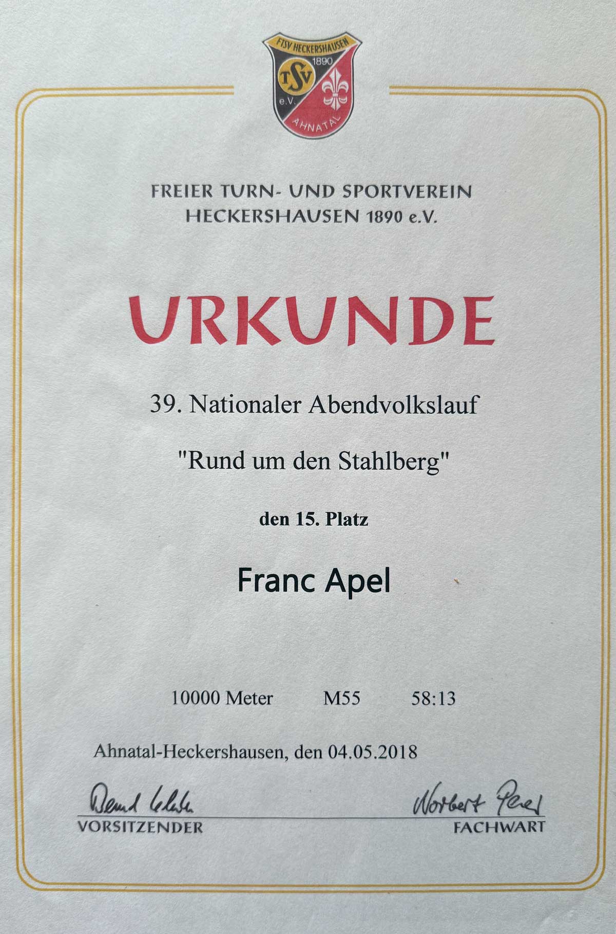 Rund um den Stahlberg 2018 Certificate